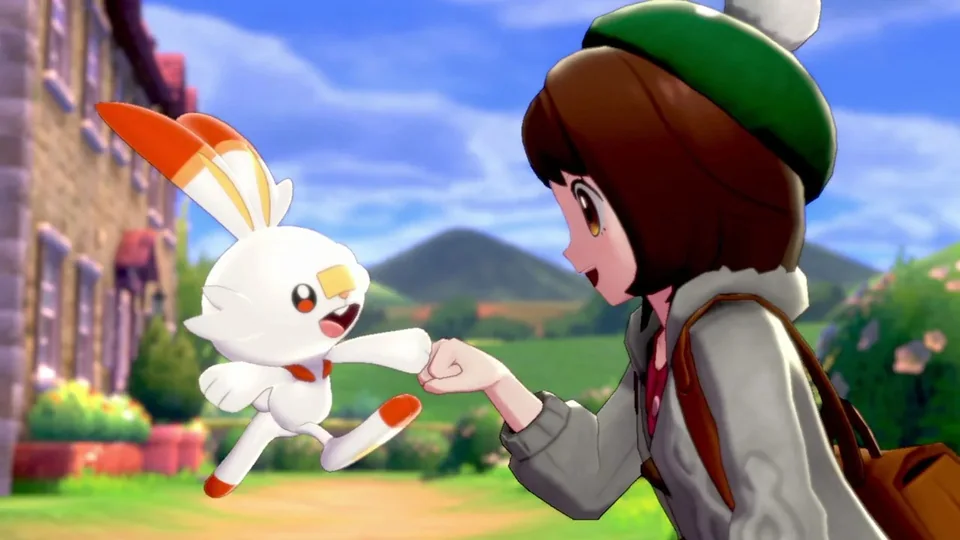 Pokémon Shield screenshot: stylized 3d, cel-shaded, third-person, black outlines, two-tone cel (character, cutscene)