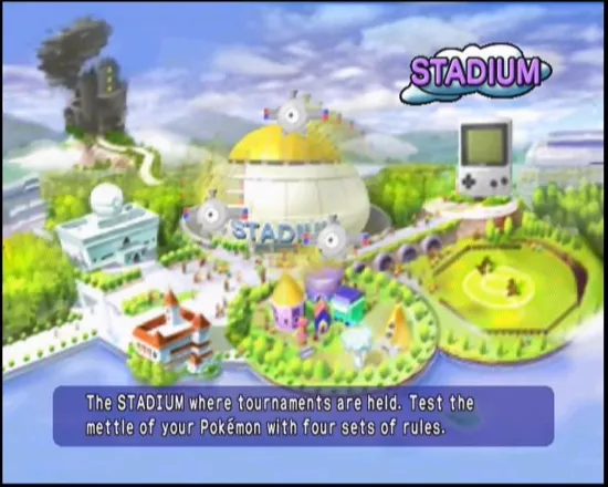 Pokémon Stadium screenshot: low-poly, fixed camera, no outlines, soft gradient (environment, ui / menu)