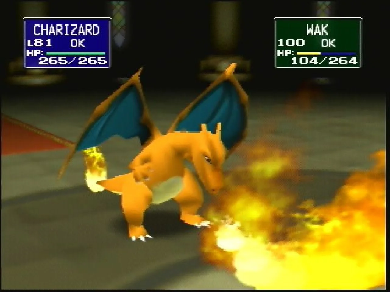 Pokémon Stadium screenshot: low-poly, fixed camera, no outlines, soft gradient (character, combat)