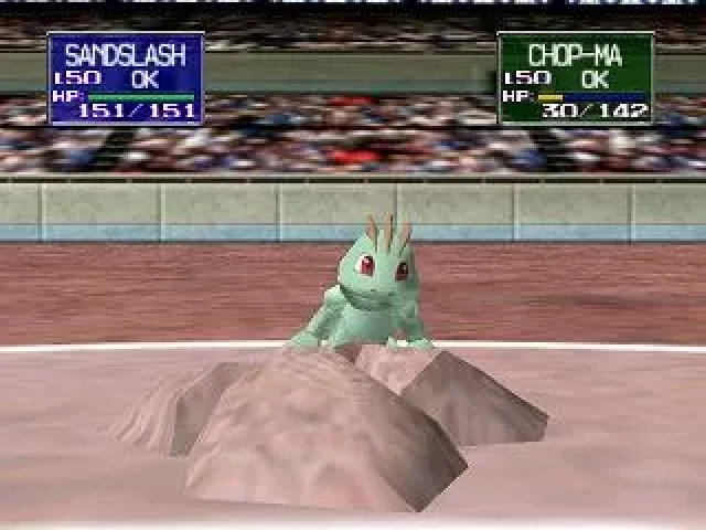 Pokémon Stadium screenshot: low-poly, fixed camera, no outlines, soft gradient (character, combat)