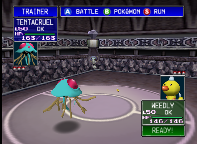 Pokémon Stadium screenshot: low-poly, third-person, no outlines, soft gradient (environment, character, combat)