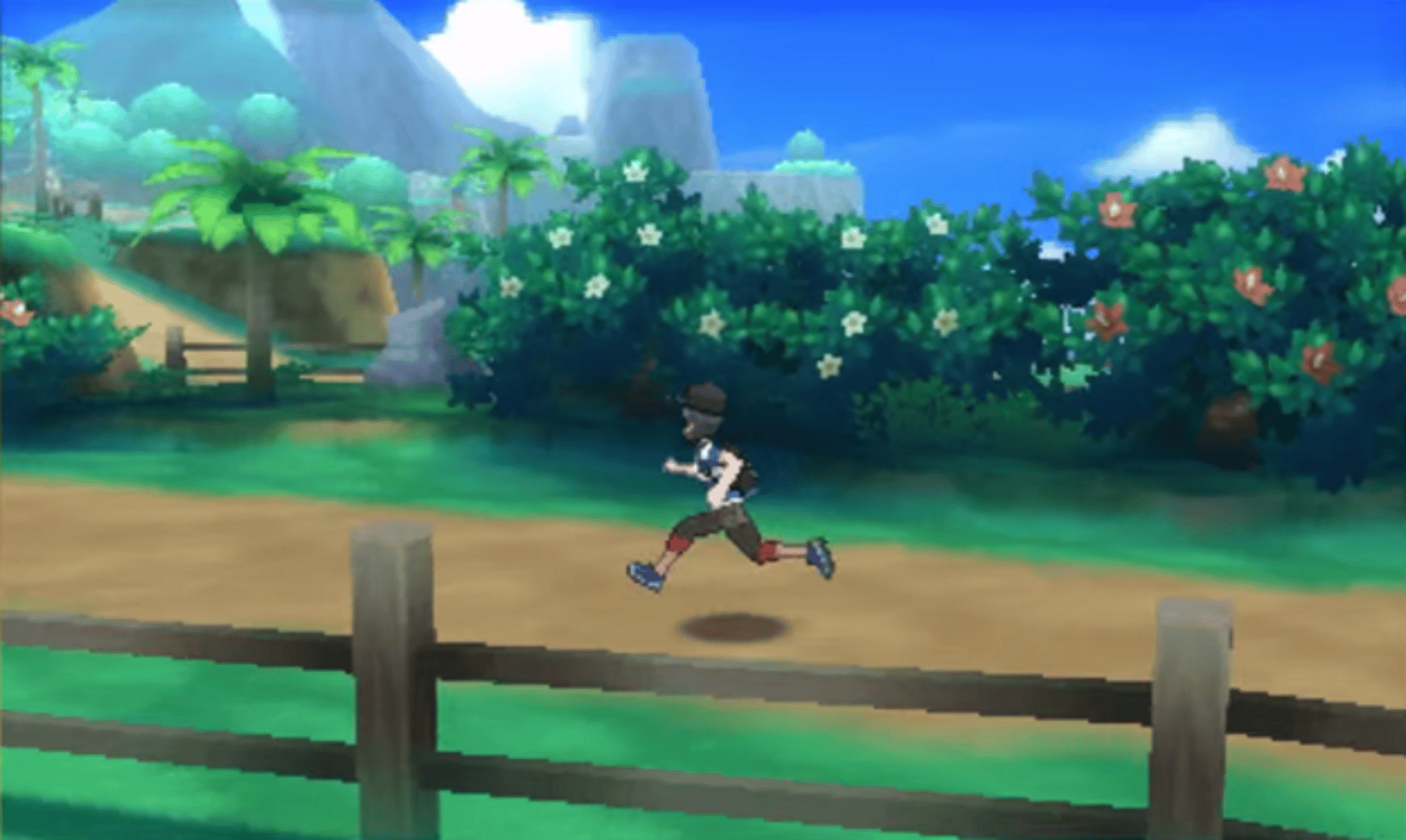 Pokémon Sun screenshot: stylized 3d, cel-shaded, third-person, black outlines, two-tone cel (environment)