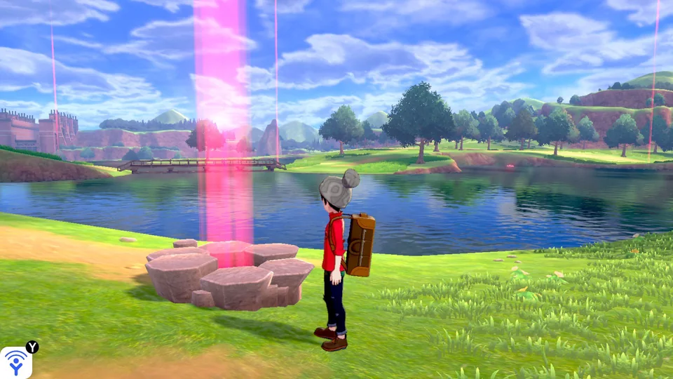 Pokémon Sword screenshot: stylized 3d, cel-shaded, third-person, black outlines, two-tone cel (environment)