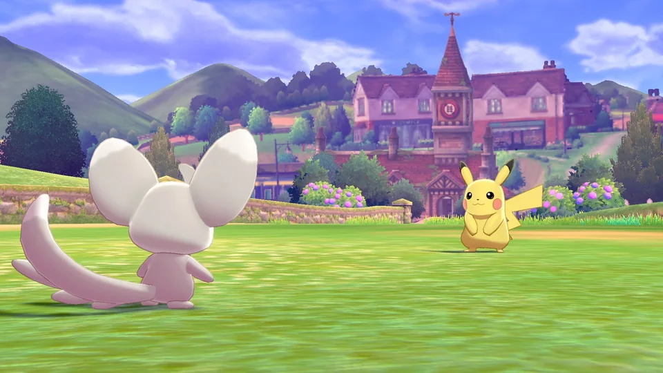 Pokémon Sword screenshot: stylized 3d, cel-shaded, third-person, black outlines, two-tone cel (combat, character)