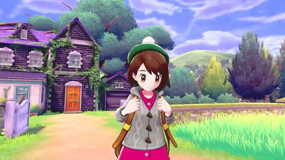 Pokémon Sword screenshot: stylized 3d, cel-shaded, third-person, black outlines, two-tone cel (character)