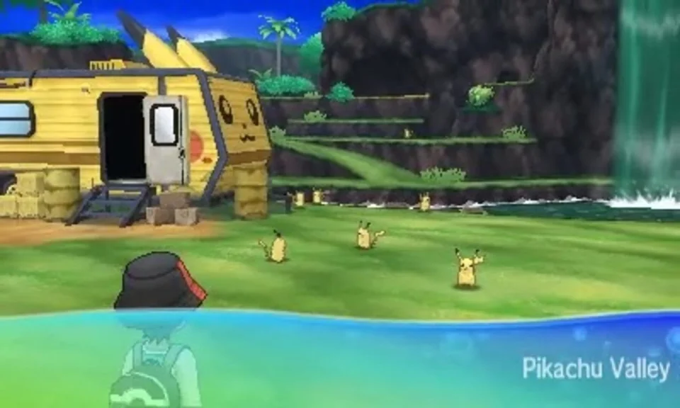 Pokémon Ultra Moon screenshot: cel-shaded, stylized 3d, three-quarter, third-person, top-down, black outlines, two-tone cel (environment, character)