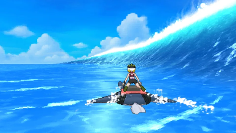 Pokémon Ultra Moon screenshot: cel-shaded, stylized 3d, three-quarter, third-person, top-down, black outlines, two-tone cel (environment, character)