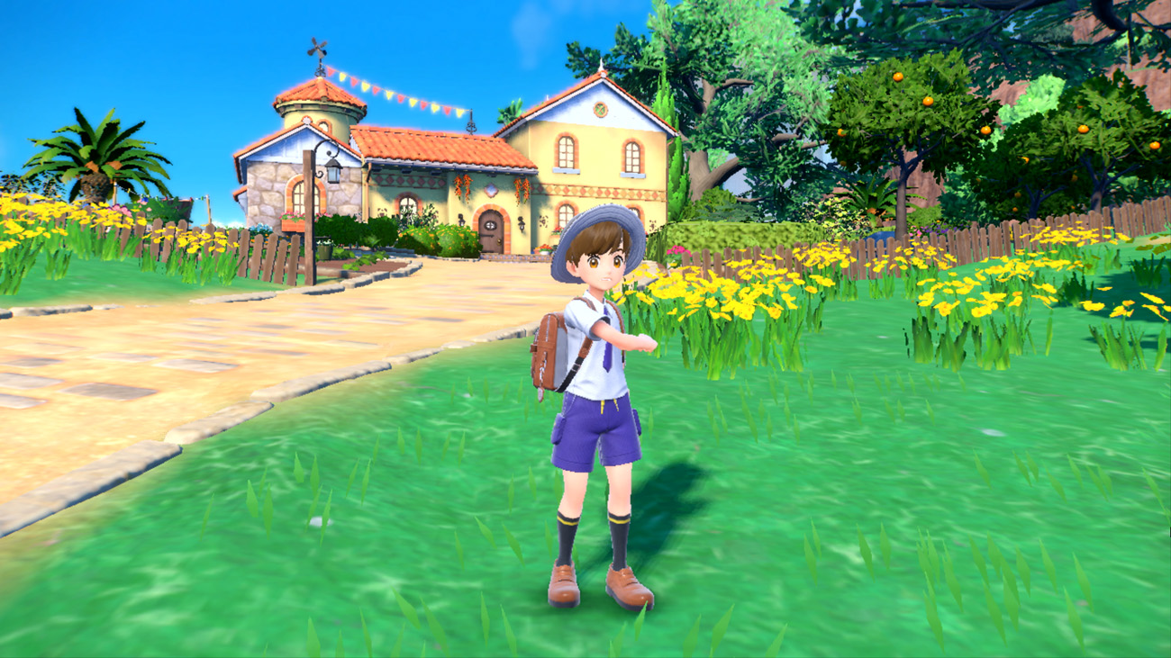 Pokémon Violet screenshot: stylized 3d, third-person, no outlines, soft gradient (environment, character)
