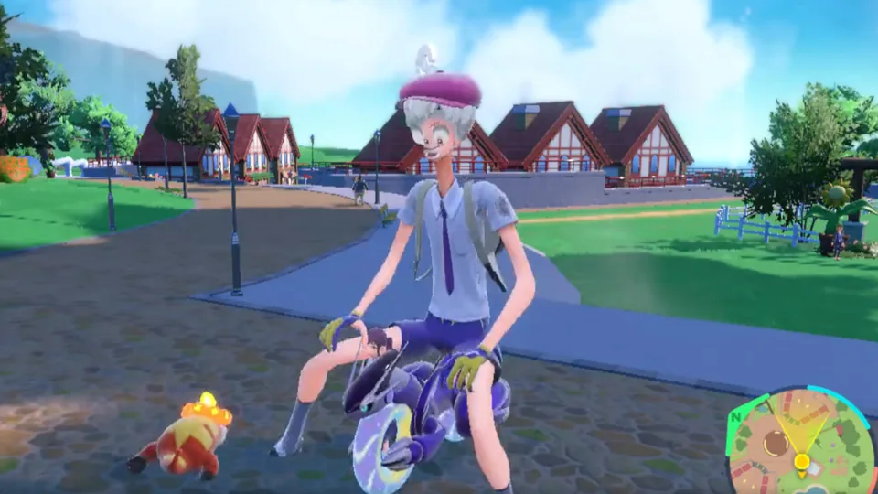 Pokémon Violet screenshot: stylized 3d, third-person, no outlines, soft gradient (character, environment)