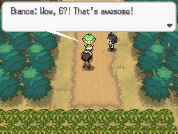 Pokémon White Version screenshot: pixel art, low-poly, three-quarter, black outlines (environment, cutscene)