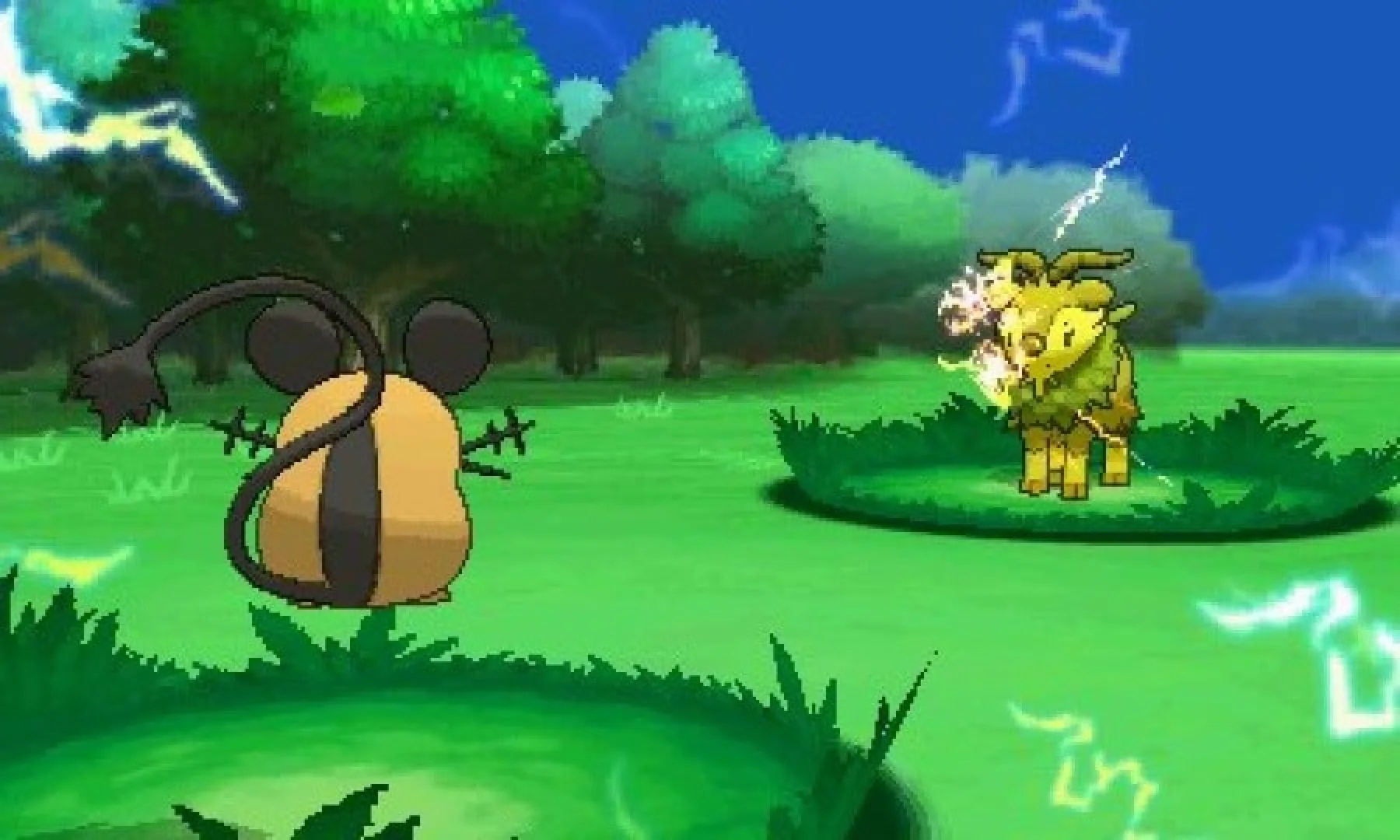 Pokémon X screenshot: cel-shaded, stylized 3d, hand-drawn, third-person, black outlines, two-tone cel (combat)