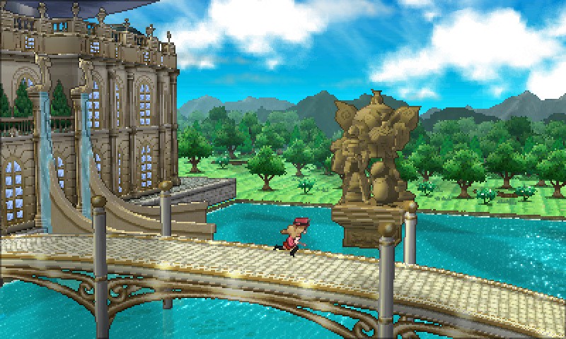 Pokémon Y screenshot: cel-shaded, stylized 3d, three-quarter, third-person, black outlines, two-tone cel (environment)
