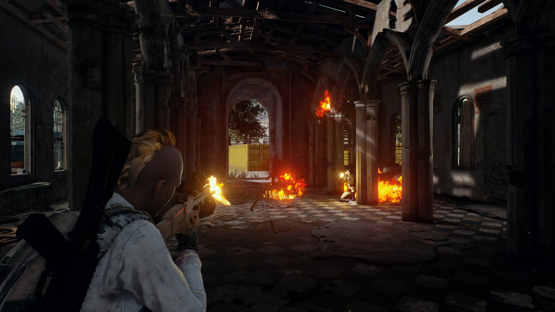PUBG: BATTLEGROUNDS screenshot: realistic, third-person, first-person, no outlines, realistic lighting (environment, character, combat)