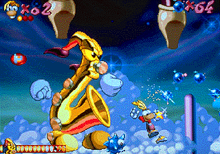 Rayman screenshot: pixel art, hand-drawn, side-scrolling, colored outlines, soft gradient (environment, combat)