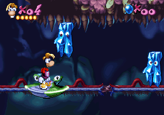 Rayman screenshot: pixel art, hand-drawn, side-scrolling, colored outlines, soft gradient (environment, character)