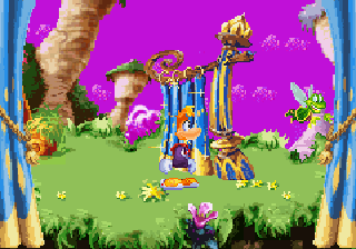 Rayman screenshot: pixel art, hand-drawn, side-scrolling, colored outlines, soft gradient (environment, character, cutscene)