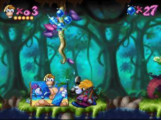 Rayman screenshot: pixel art, hand-drawn, side-scrolling, colored outlines, soft gradient (environment, character)