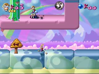 Rayman screenshot: pixel art, hand-drawn, side-scrolling, colored outlines, soft gradient (environment)
