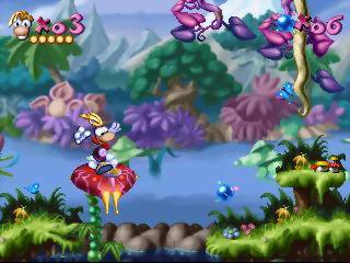 Rayman screenshot: pixel art, hand-drawn, side-scrolling, colored outlines, soft gradient (environment)