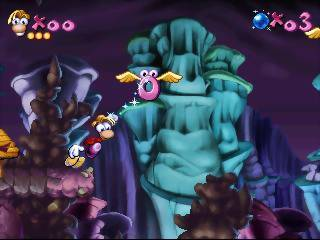 Rayman screenshot: pixel art, hand-drawn, side-scrolling, colored outlines, soft gradient (environment)