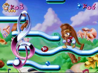 Rayman screenshot: pixel art, hand-drawn, side-scrolling, colored outlines, soft gradient (environment)