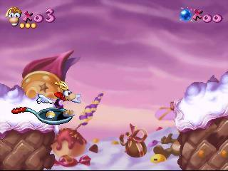 Rayman screenshot: pixel art, hand-drawn, side-scrolling, colored outlines, soft gradient (environment)