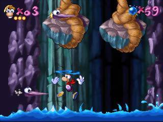 Rayman screenshot: pixel art, hand-drawn, side-scrolling, colored outlines, soft gradient (environment, character, combat)