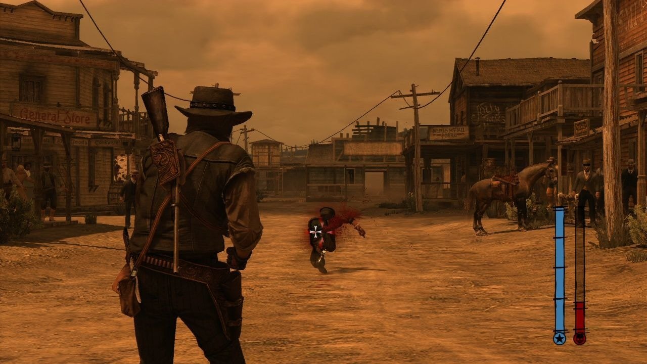Red Dead Redemption screenshot: realistic, third-person, no outlines, realistic lighting (environment, character, combat)