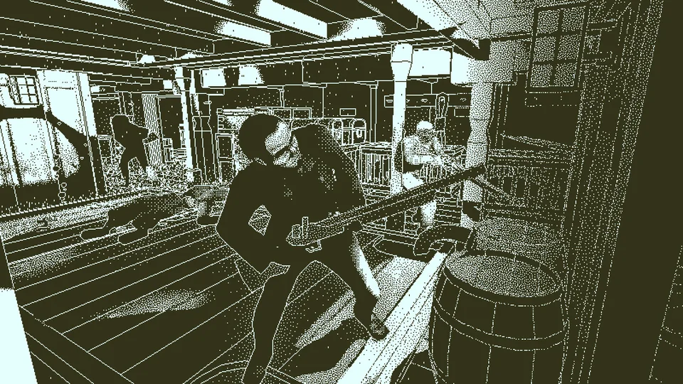 Return of the Obra Dinn screenshot: stylized 3d, first-person, interior lines, dithered shading (character, environment)
