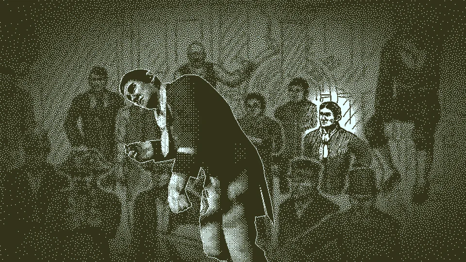 Return of the Obra Dinn screenshot: stylized 3d, first-person, interior lines, dithered shading (character)