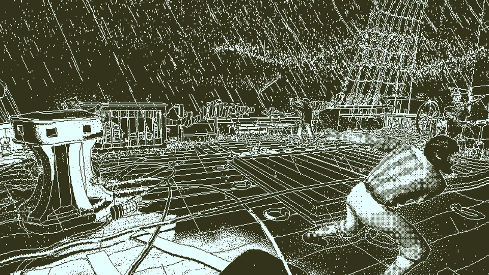 Return of the Obra Dinn screenshot: stylized 3d, first-person, interior lines, dithered shading (environment)