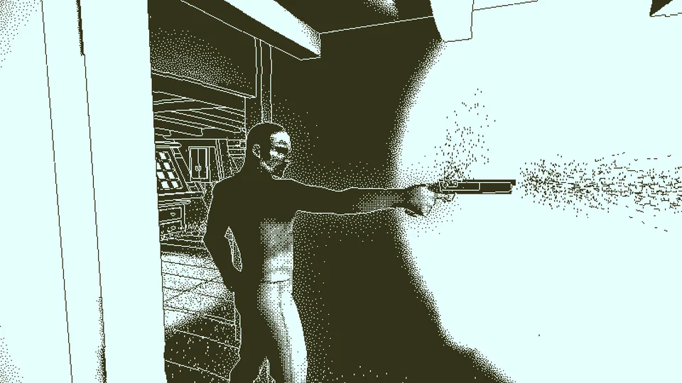 Return of the Obra Dinn screenshot: stylized 3d, first-person, interior lines, dithered shading (character)