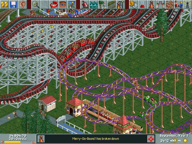 RollerCoaster Tycoon screenshot: pre-rendered, pixel art, isometric, no outlines, baked lighting (environment)