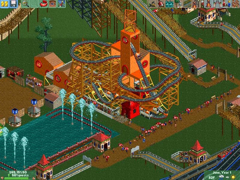 RollerCoaster Tycoon 2 screenshot: pixel art, pre-rendered, isometric, no outlines, baked lighting (environment)