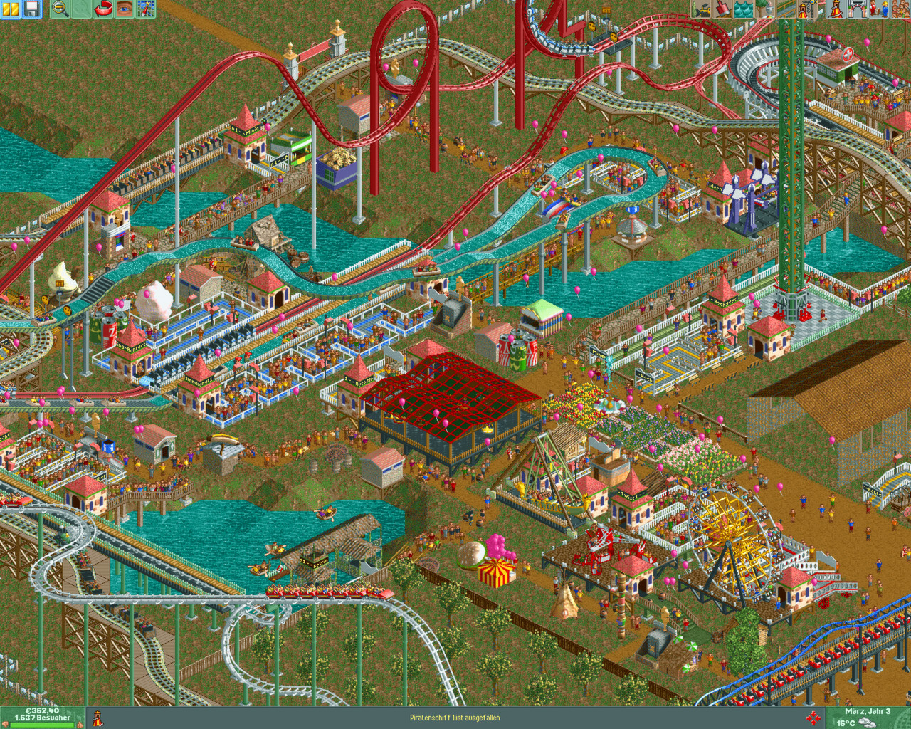 RollerCoaster Tycoon 2 screenshot: pre-rendered, pixel art, isometric, no outlines, baked lighting (environment)