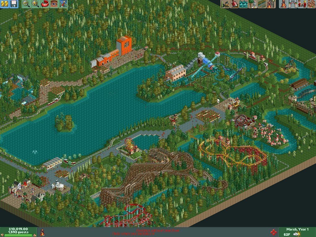 RollerCoaster Tycoon 2 screenshot: pixel art, pre-rendered, isometric, no outlines, baked lighting (environment)