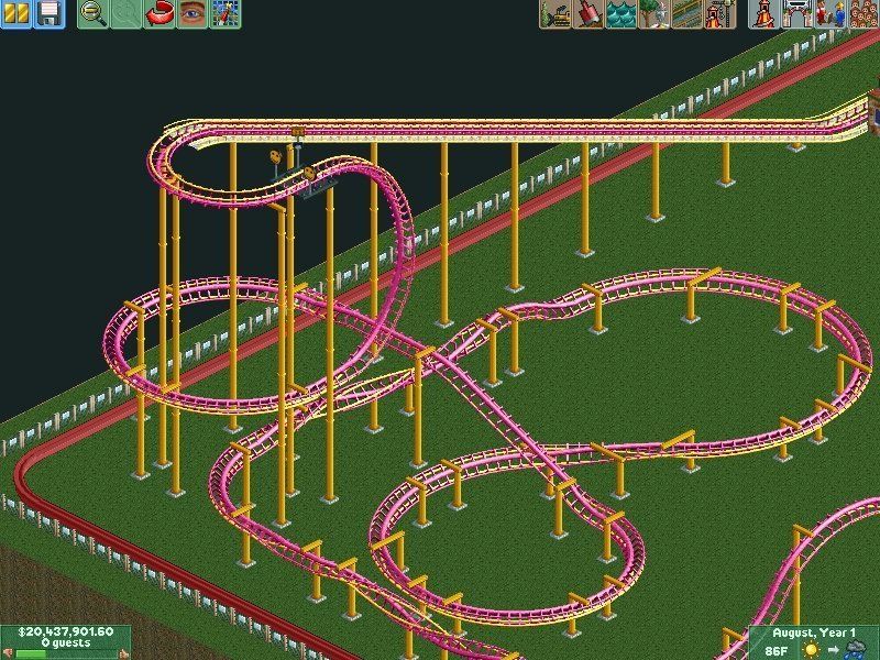 RollerCoaster Tycoon 2 screenshot: pixel art, pre-rendered, isometric, no outlines, baked lighting (environment)