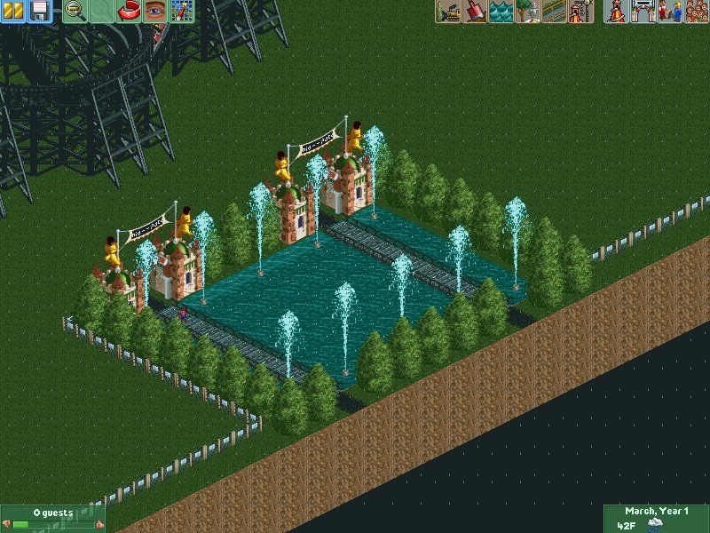 RollerCoaster Tycoon 2 screenshot: pixel art, pre-rendered, isometric, no outlines, baked lighting (environment)