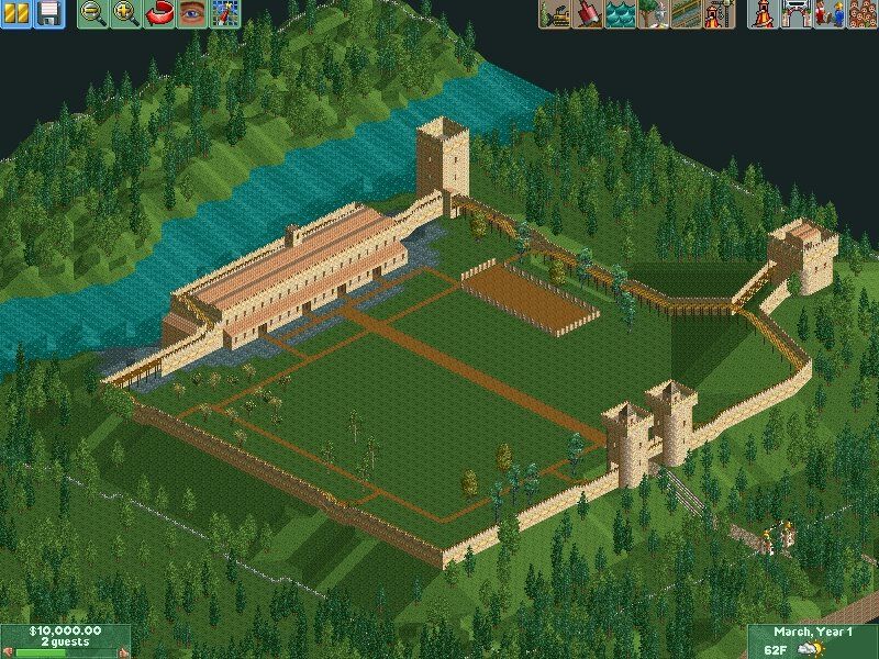 RollerCoaster Tycoon 2 screenshot: pixel art, pre-rendered, isometric, no outlines, baked lighting (environment)