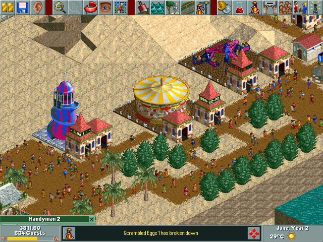 RollerCoaster Tycoon screenshot: pre-rendered, pixel art, isometric, no outlines, baked lighting (environment)