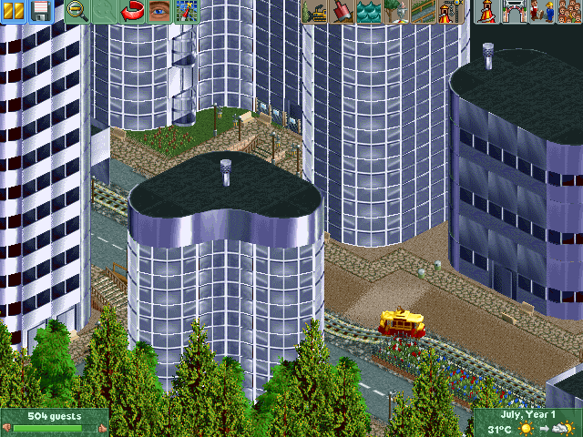 RollerCoaster Tycoon 2: Time Twister screenshot: pixel art, pre-rendered, isometric, no outlines, baked lighting (environment)