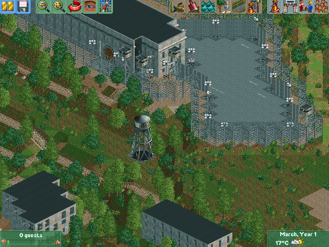 RollerCoaster Tycoon 2: Time Twister screenshot: pixel art, pre-rendered, isometric, no outlines, baked lighting (environment)