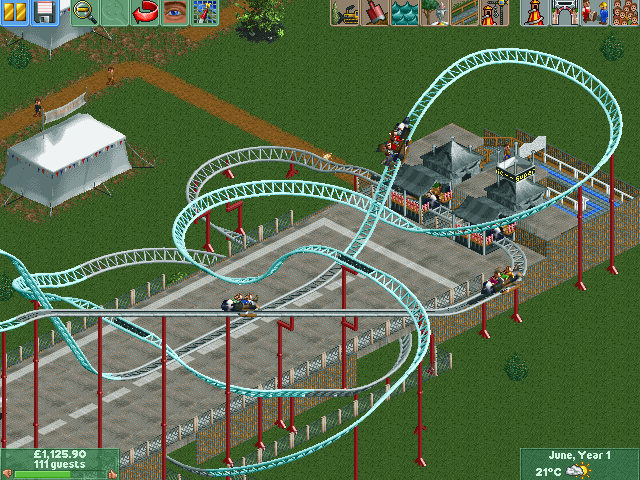 RollerCoaster Tycoon 2: Time Twister screenshot: pixel art, pre-rendered, isometric, no outlines, baked lighting (environment)