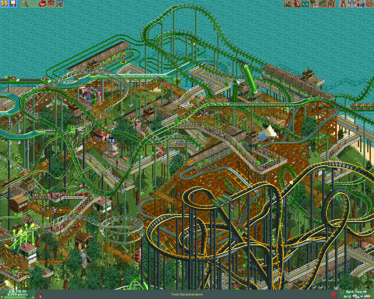 RollerCoaster Tycoon 2: Triple Thrill Pack screenshot: pixel art, pre-rendered, isometric, no outlines, baked lighting (environment)