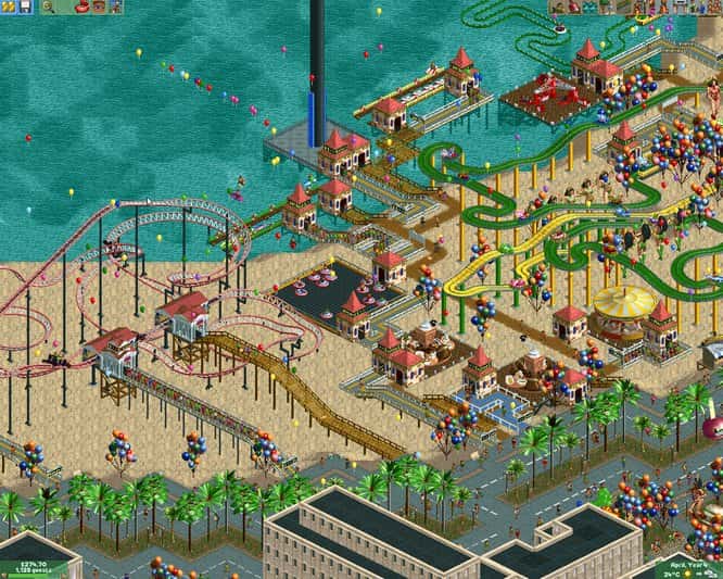 RollerCoaster Tycoon 2: Triple Thrill Pack screenshot: pixel art, pre-rendered, isometric, no outlines, baked lighting (environment)