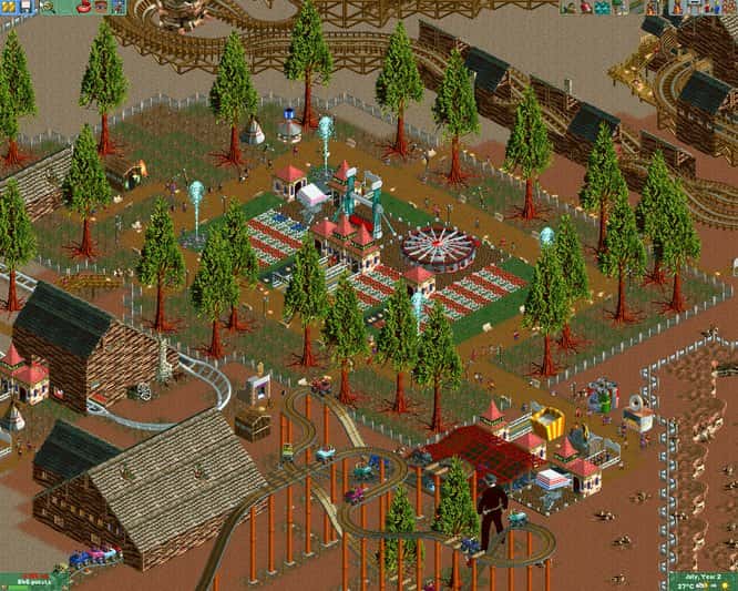 RollerCoaster Tycoon 2: Triple Thrill Pack screenshot: pixel art, pre-rendered, isometric, no outlines, baked lighting (environment)