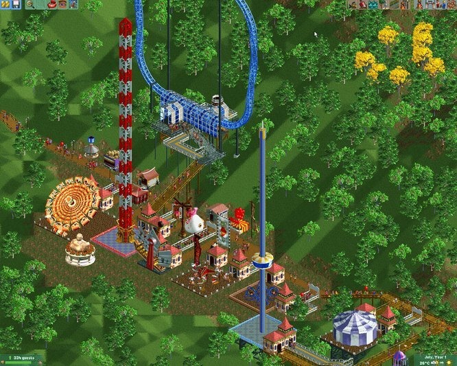 RollerCoaster Tycoon 2: Triple Thrill Pack screenshot: pixel art, pre-rendered, isometric, no outlines, baked lighting (environment)