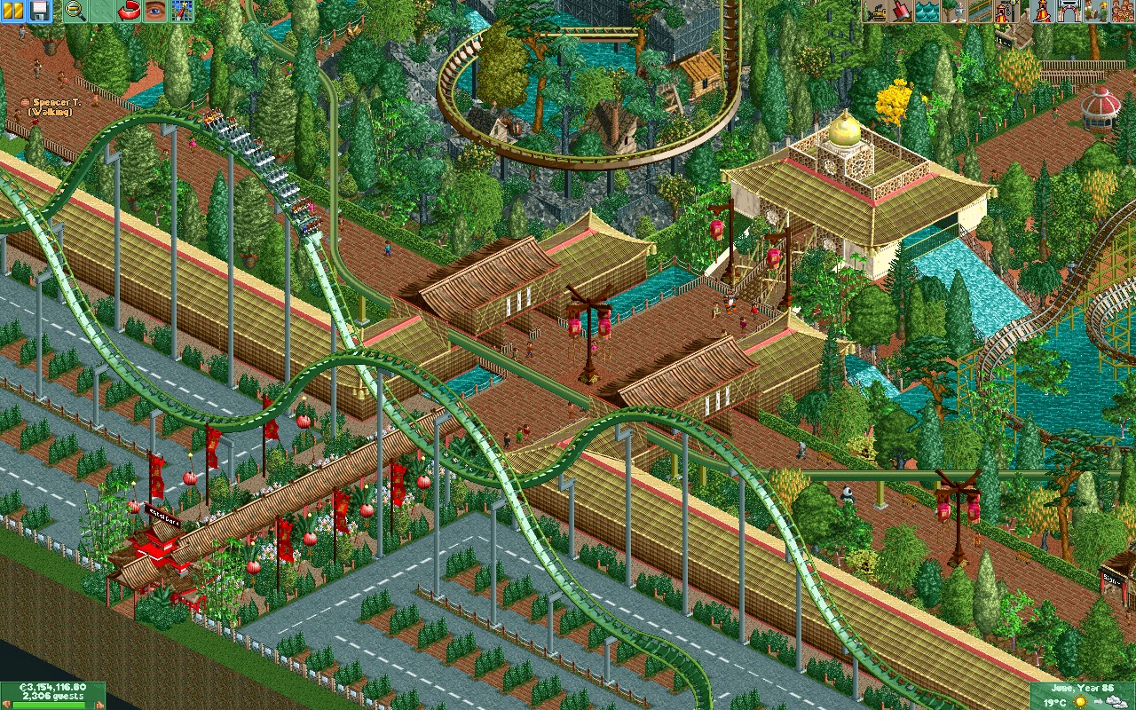 RollerCoaster Tycoon 2: Wacky Worlds screenshot: pre-rendered, pixel art, isometric, no outlines, baked lighting (environment)