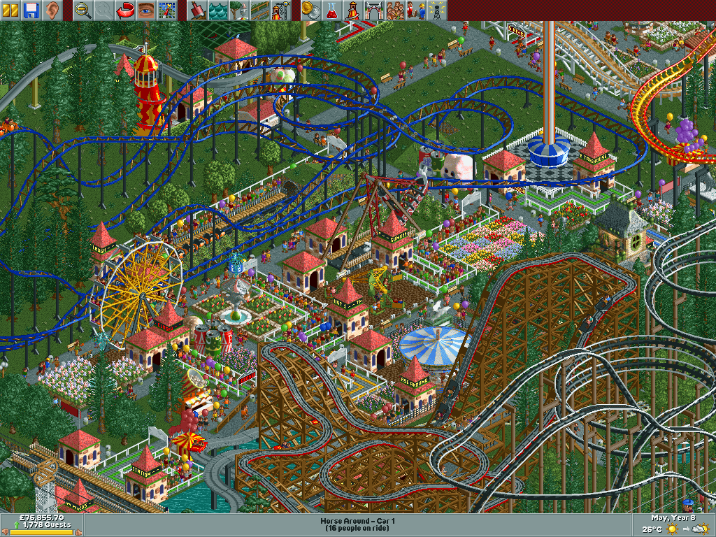 RollerCoaster Tycoon screenshot: pre-rendered, pixel art, isometric, no outlines, baked lighting (environment)
