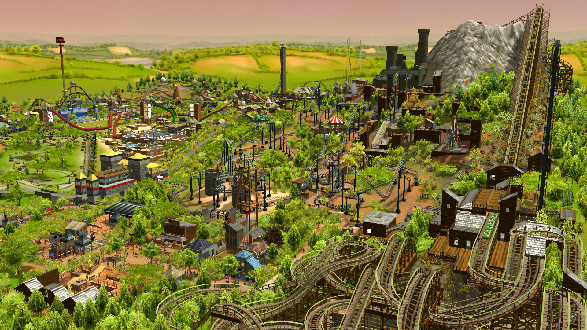 RollerCoaster Tycoon 3: Complete Edition screenshot: stylized 3d, three-quarter, no outlines, soft gradient (environment)